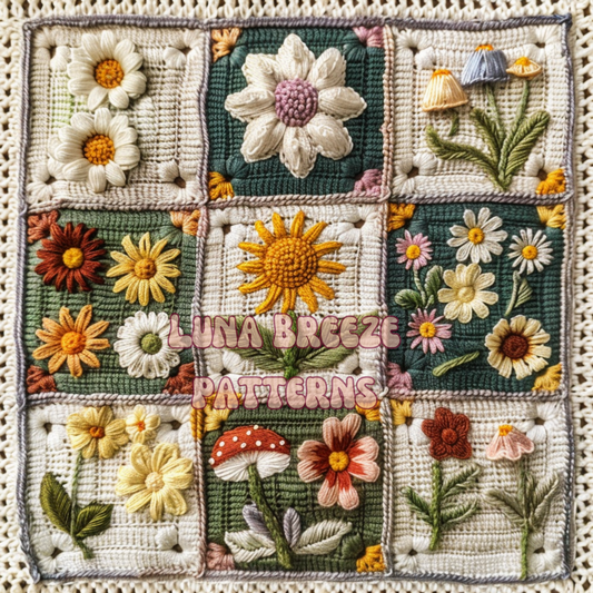 Vintage daisy cottage core crotchet squares seamless repeating pattern