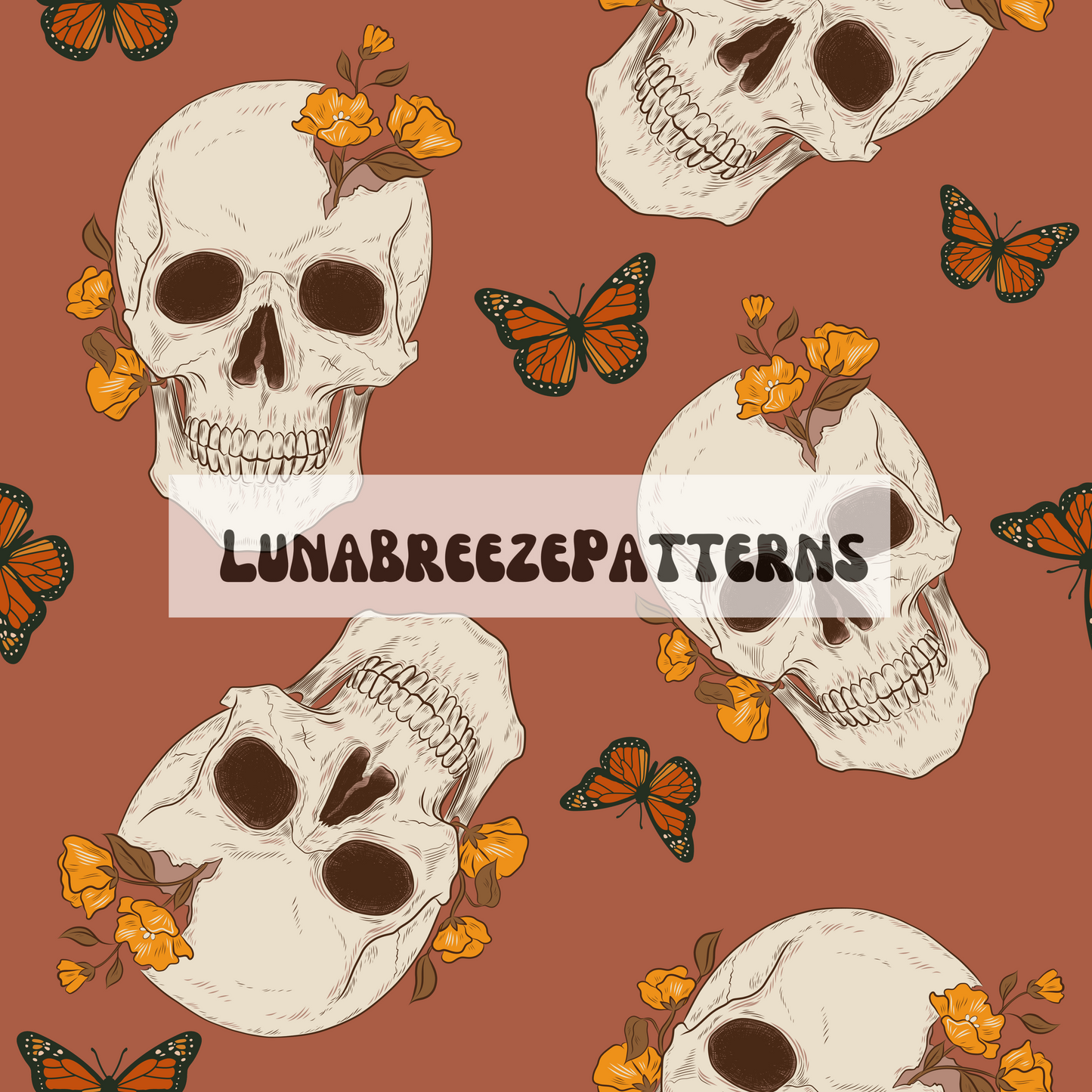 Butterfly skulls seamless repeating pattern