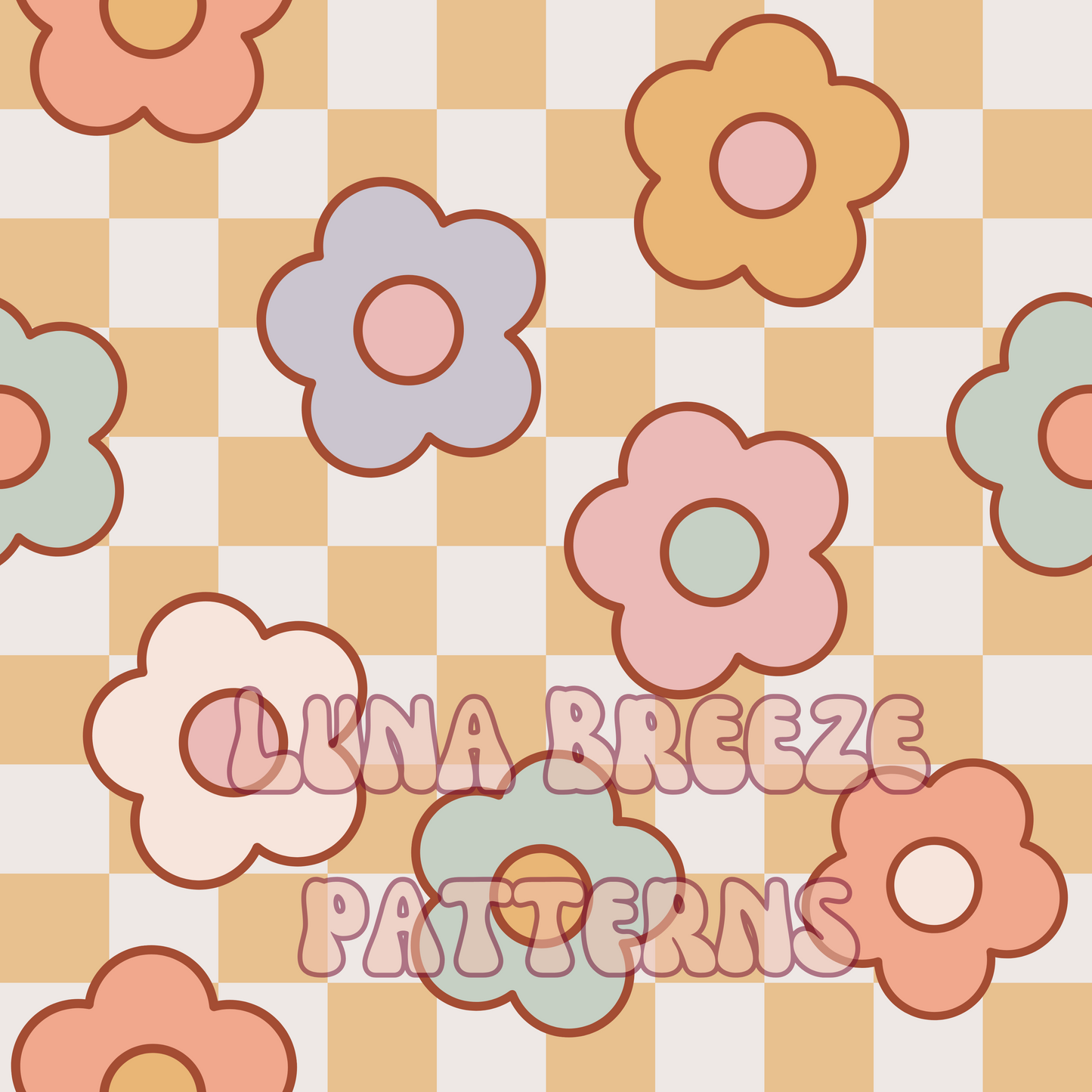 Pastel yellow checkered big floral seamless repeating pattern