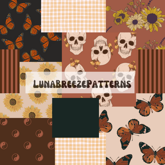 Sunflower skull patchwork seamless repeating pattern