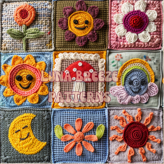 Smiley crotchet squares seamless repeating pattern