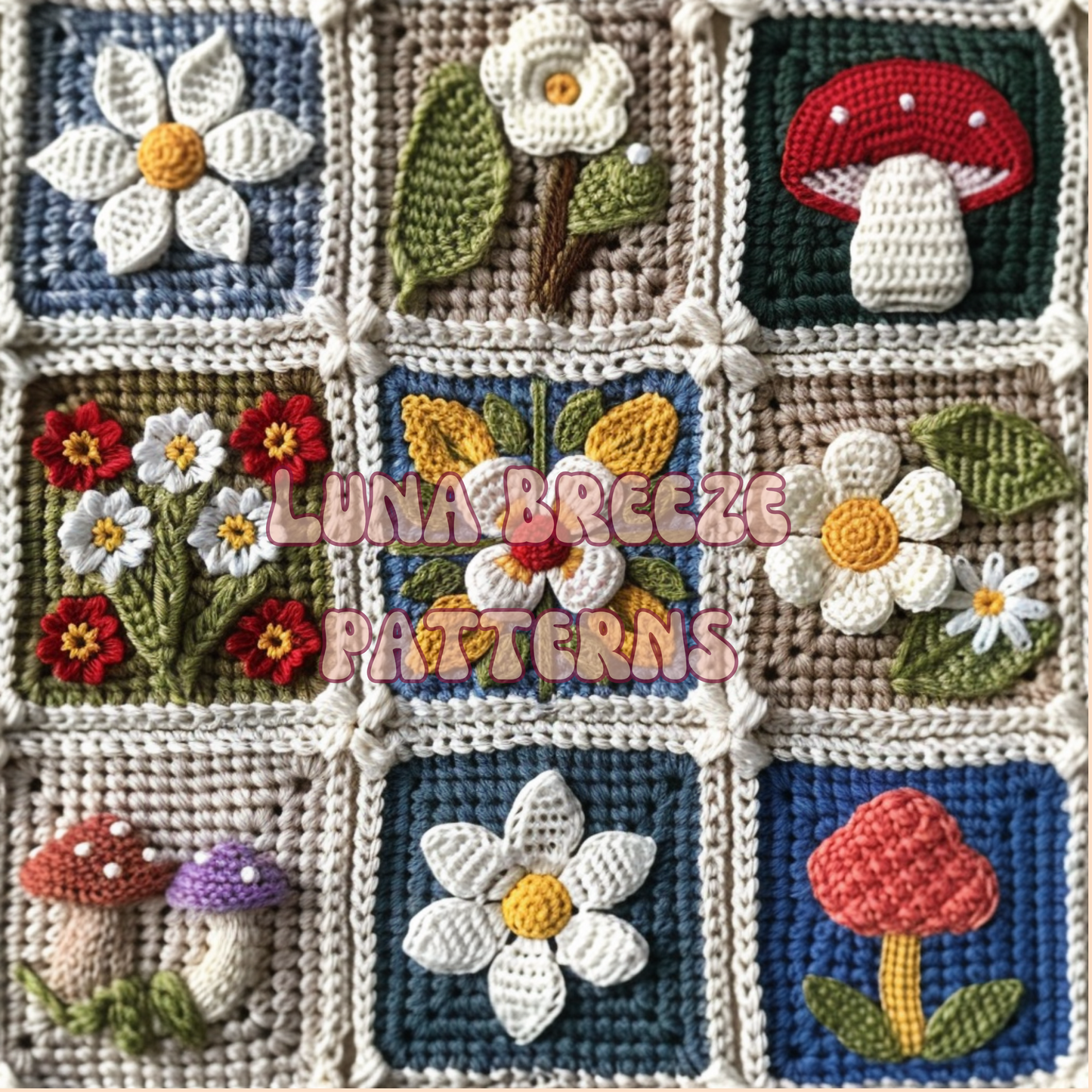 Mushroom daisy crotchet seamless repeating pattern