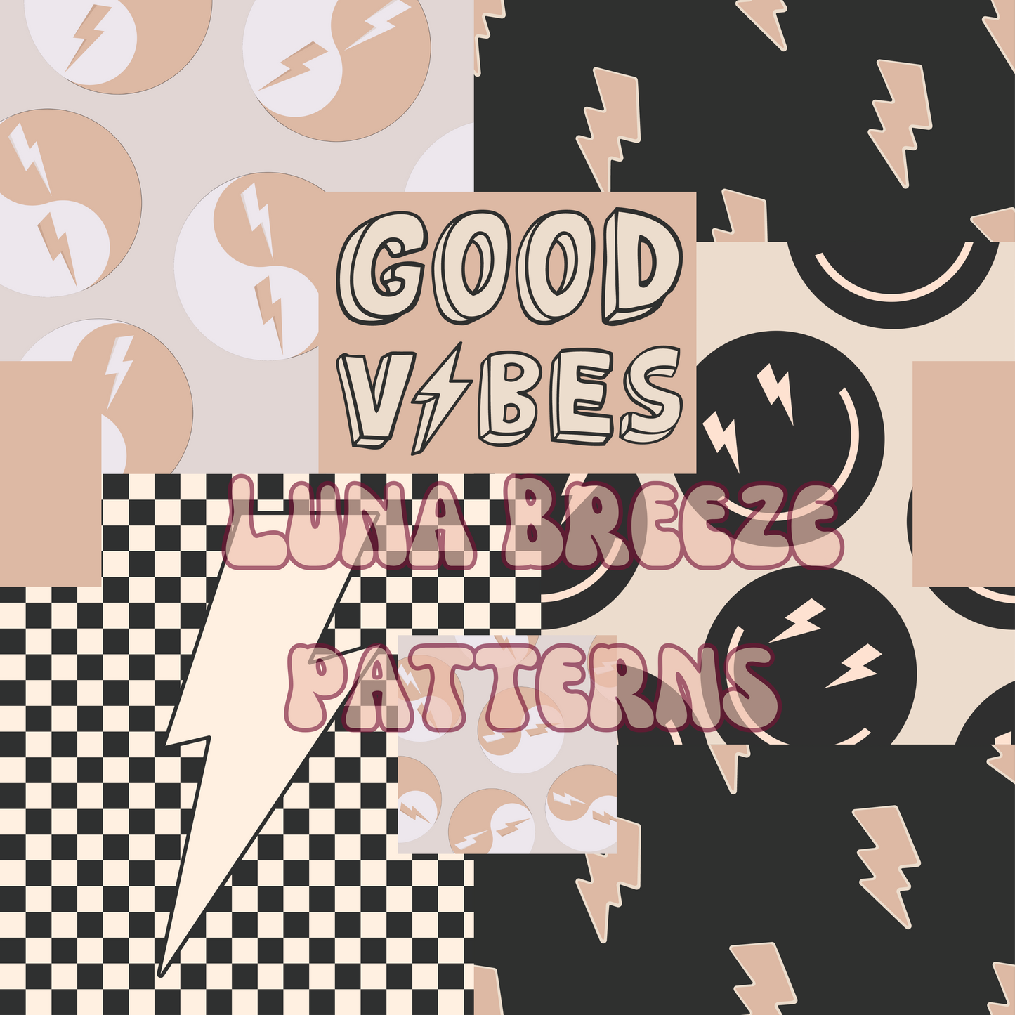 Checkered boltz good vibes seamless repeating pattern