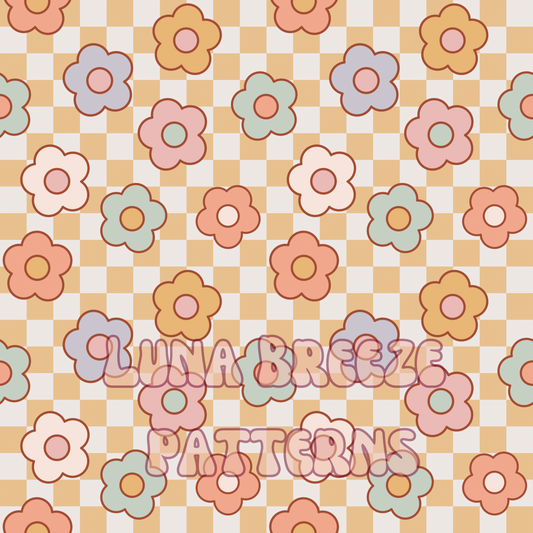 Pastel yellow checkered small floral seamless repeating pattern