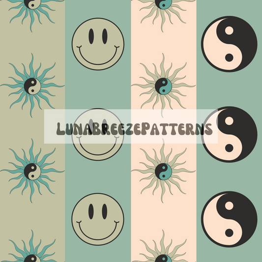 Blue suns / smiley stripes seamless repeating pattern