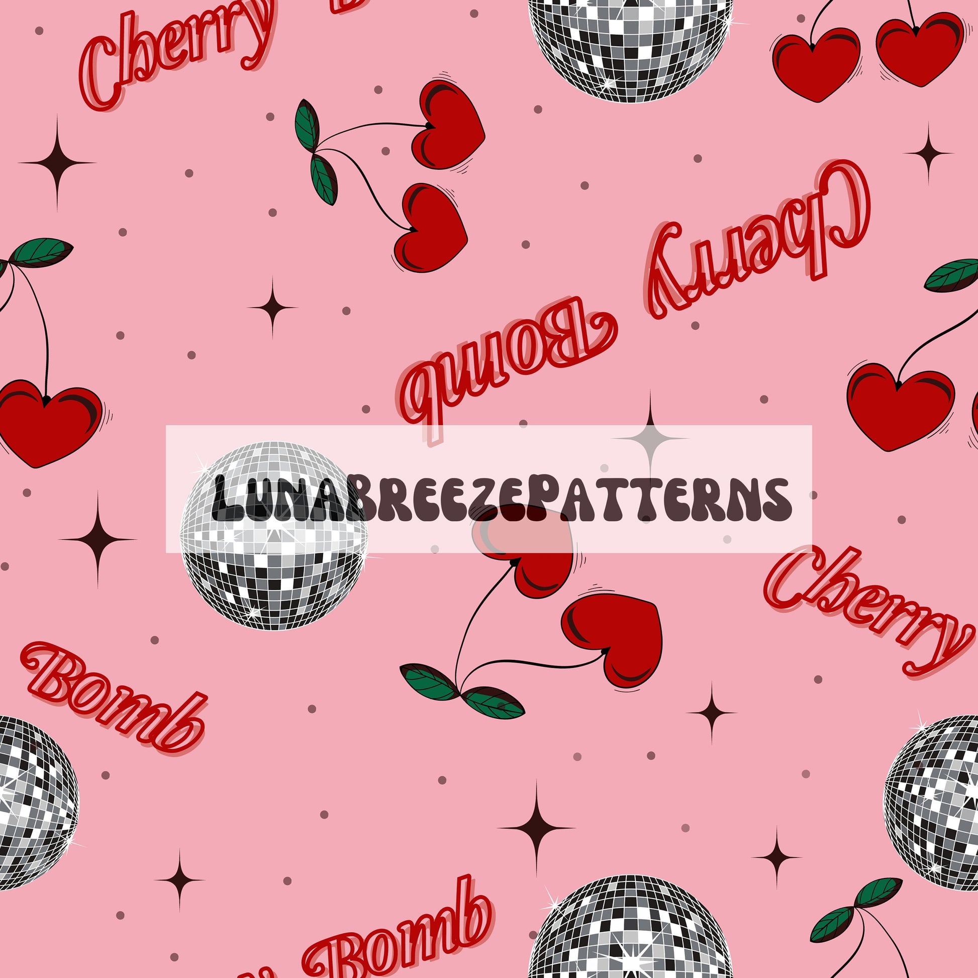 Cherry hearts seamless repeat pattern