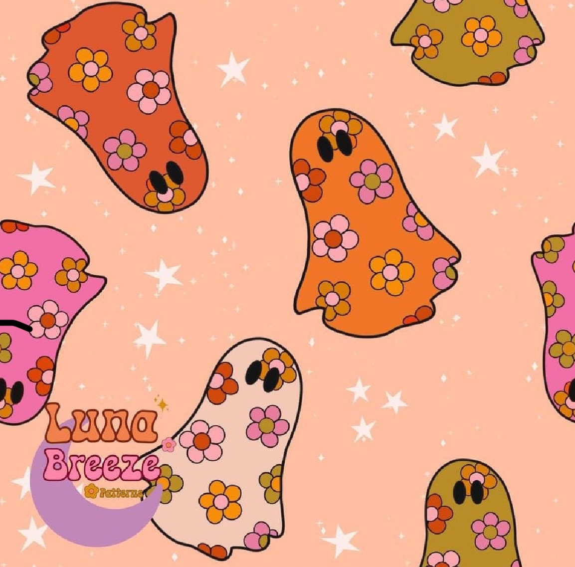 retro ghost seamless repeating pattern - Halloween , ghost , retro , daisies