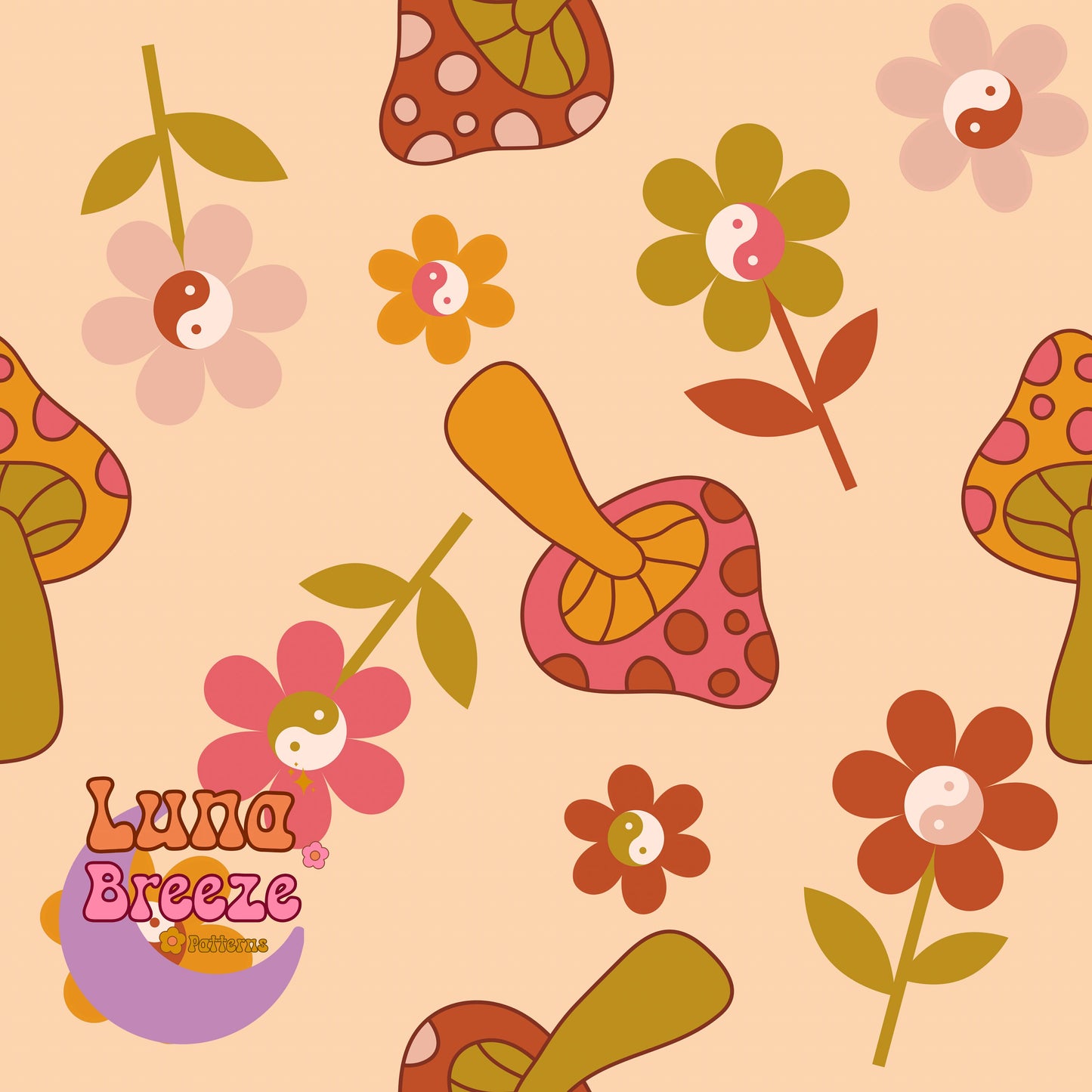 dainty mushroom fall daisies seamless repeating pattern