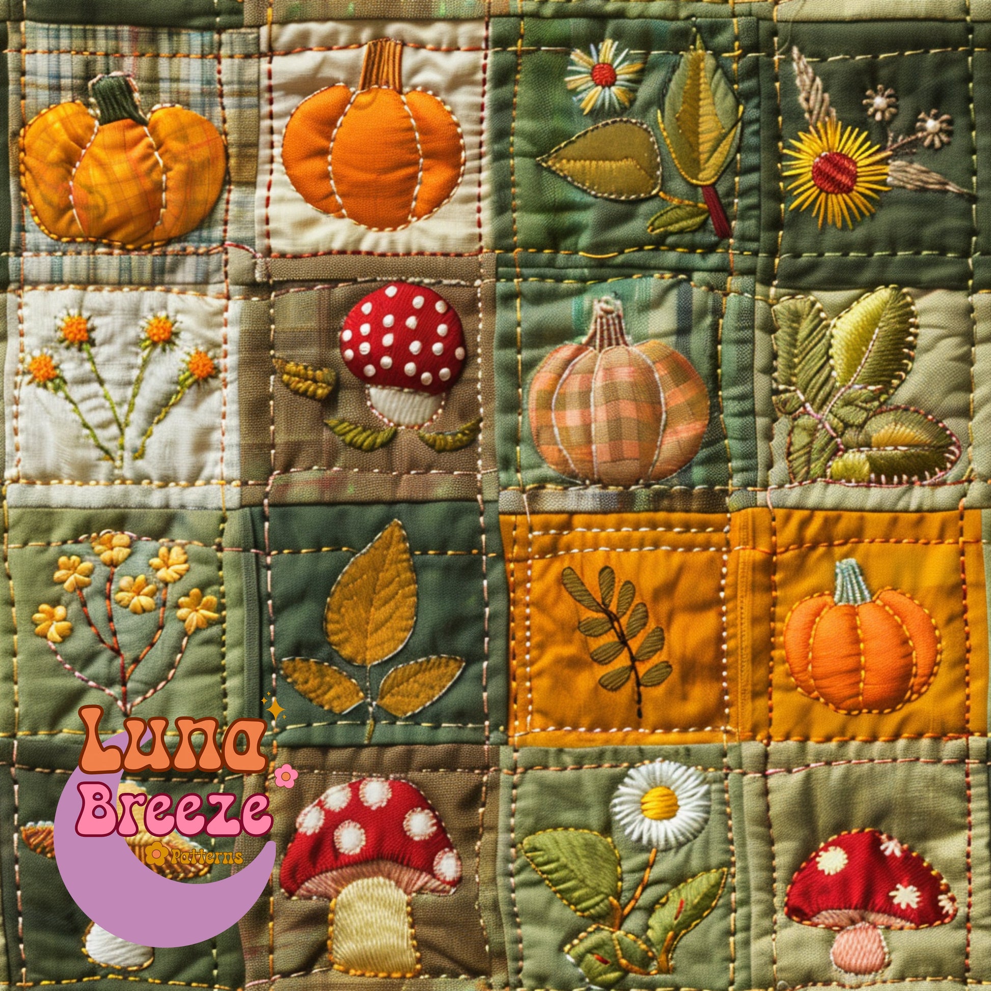 fall quilt pumpkins seamless repeating pattern