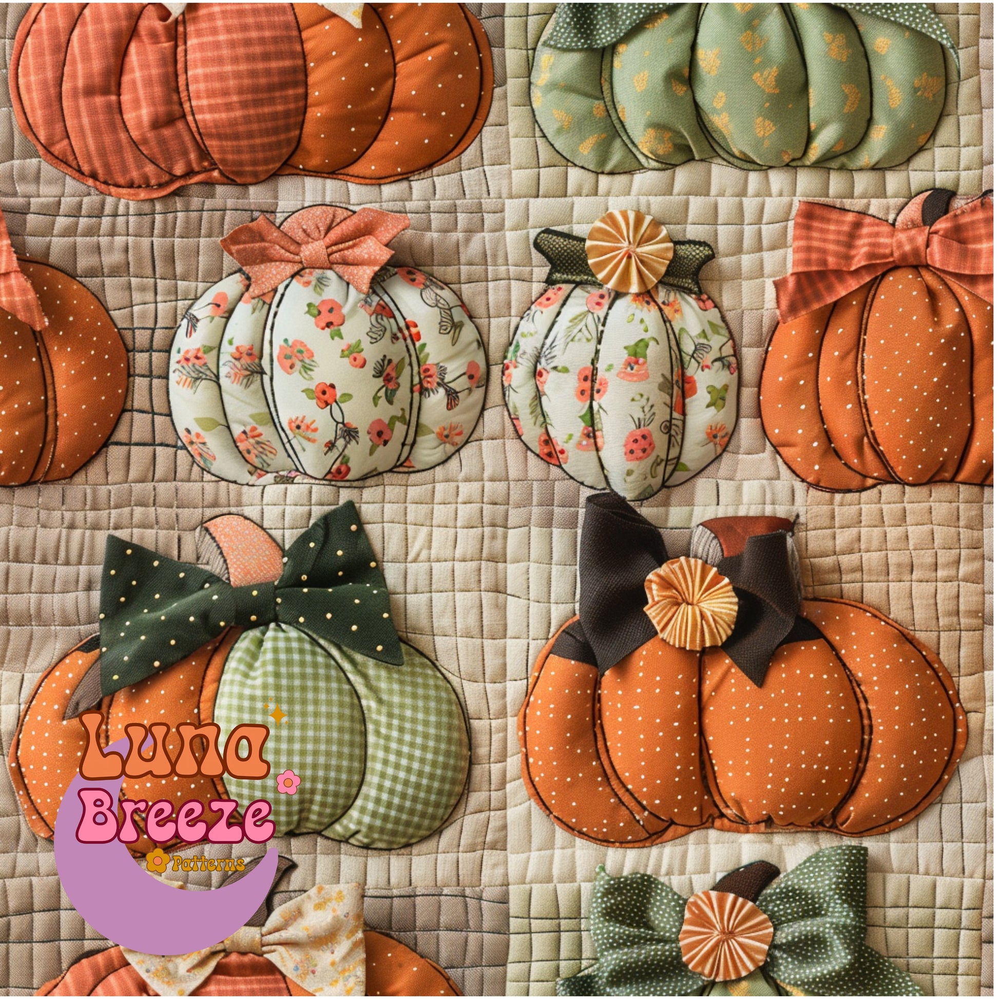 embroidered bow pumpkins seamless repeating pattern