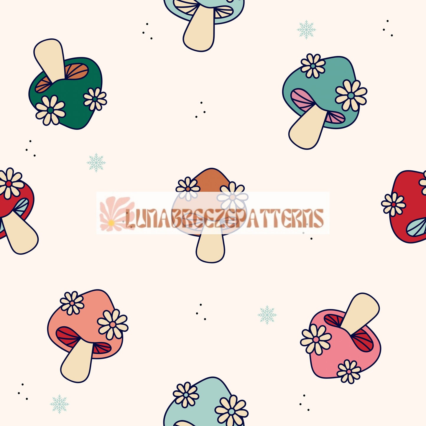 Winter mushies seamless repeat pattern