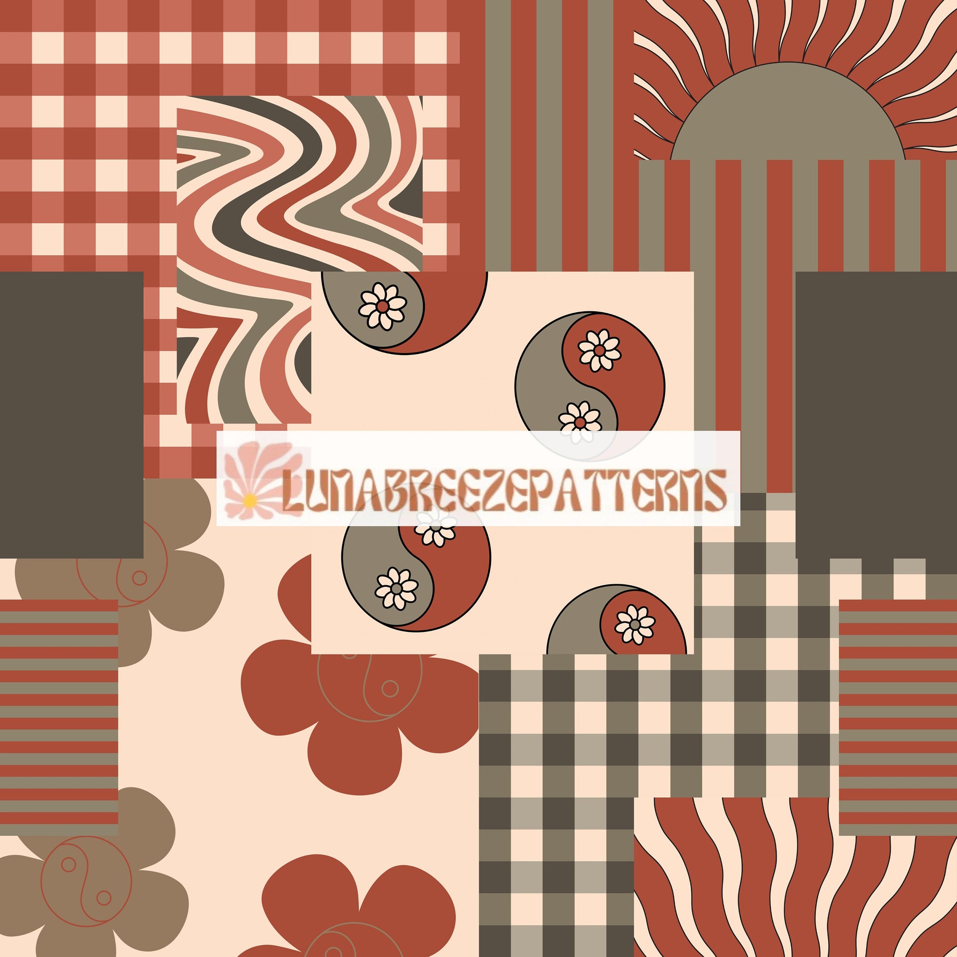 Red/green yin Yang patchwork seamless repeat pattern