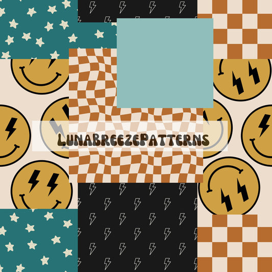 Retro smiley patchwork seamless repeat pattern