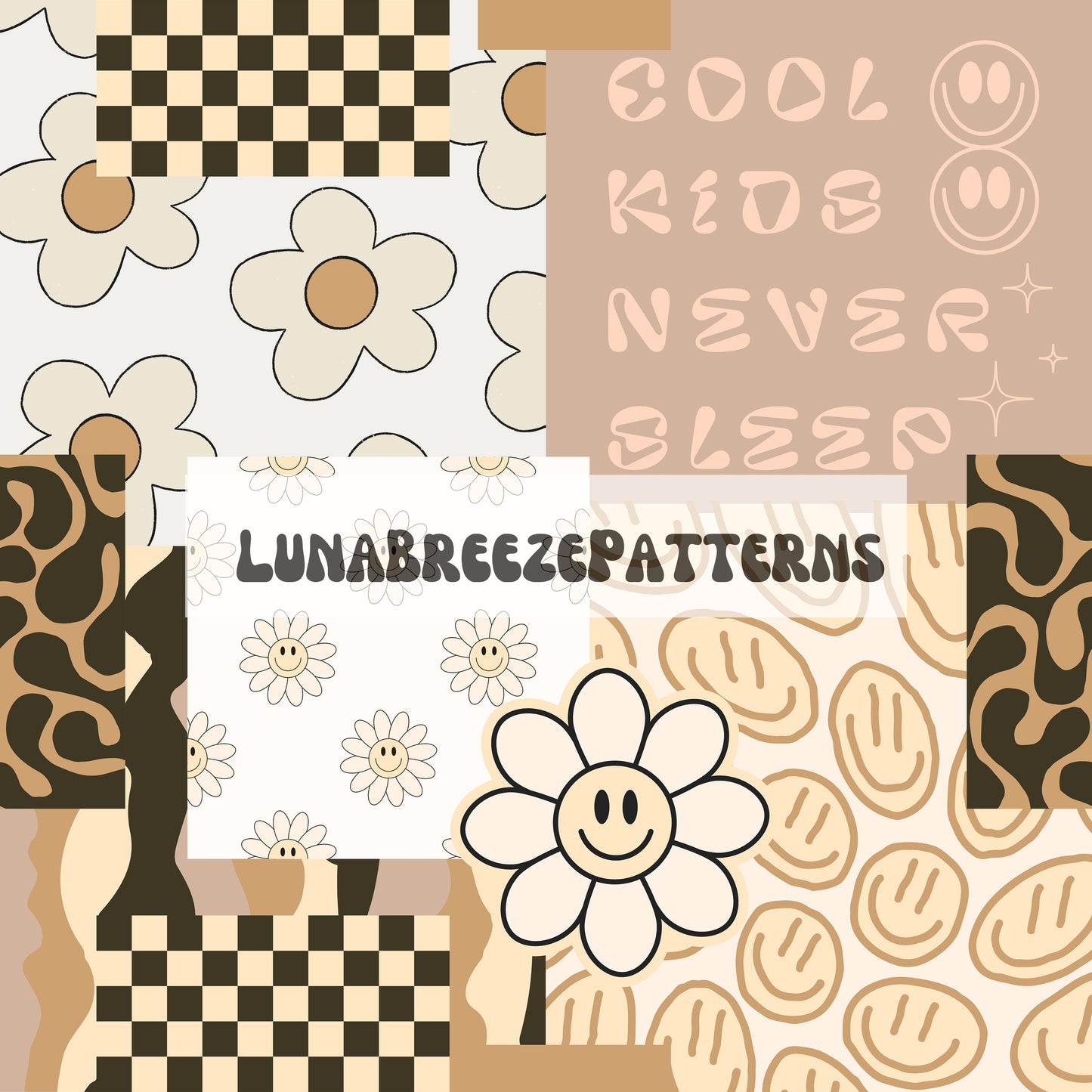 Neutrals retro patchwork seamless repeating pattern